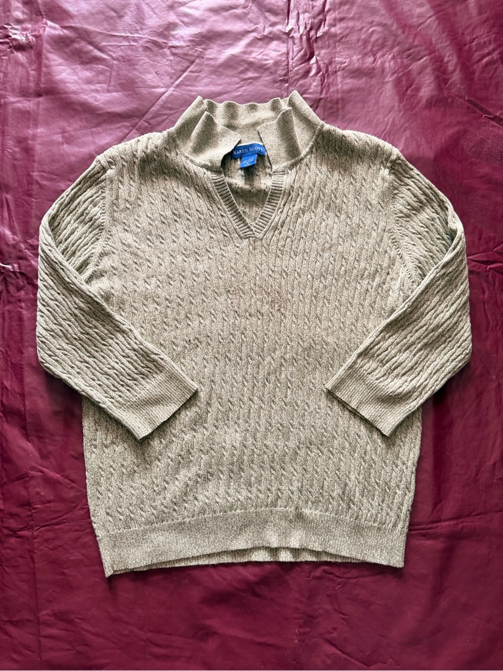 Classic Men's Taupe Cable-Knit Sweater with Mock V-Neck